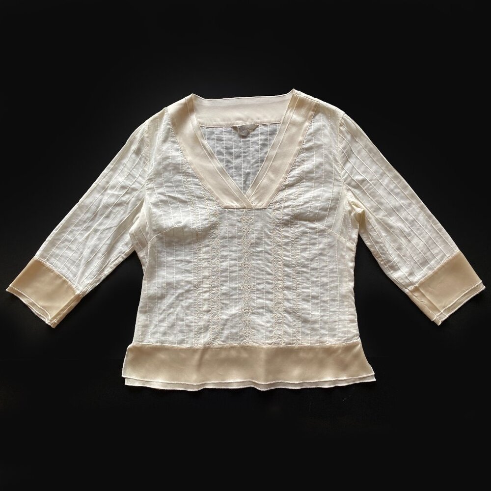 Janeville Womens Medium V-Neck 3/4 Sleeve Cotton Embroidered Blouse Ivory Top